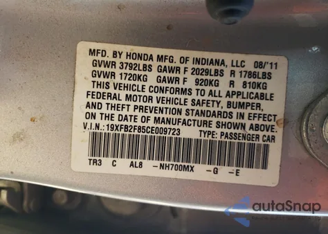 2012 Honda Civic Ex from USA, damaged, VIN 19XFB2F85CE009723